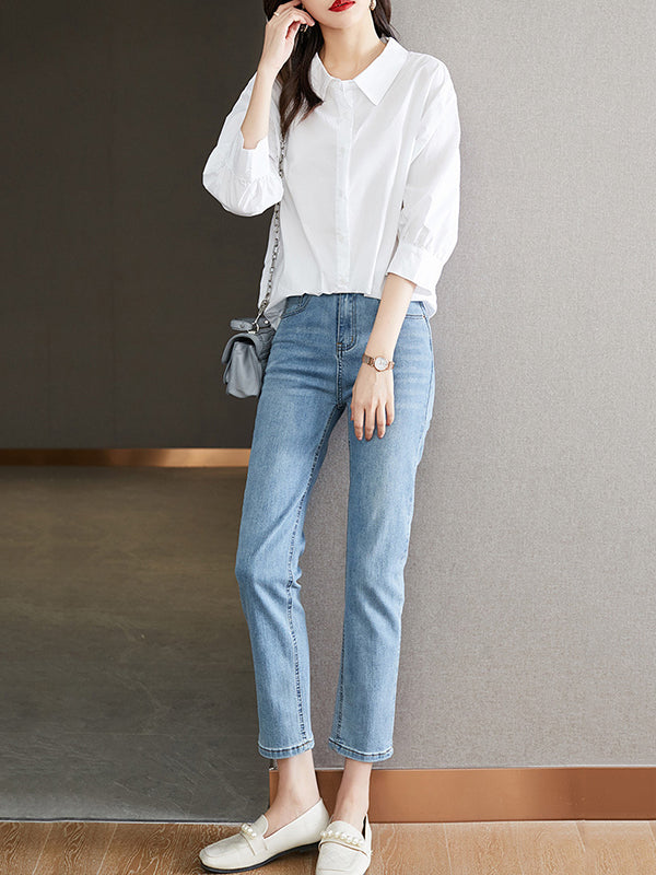 Simple Casual Loose Puff Sleeves White Blouse