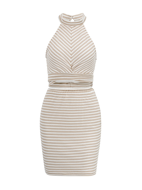 Bodycon Sleeveless Split-Joint Striped Tied Waist Halter-Neck Vest Top + Skirts Bottom Two Pieces Set