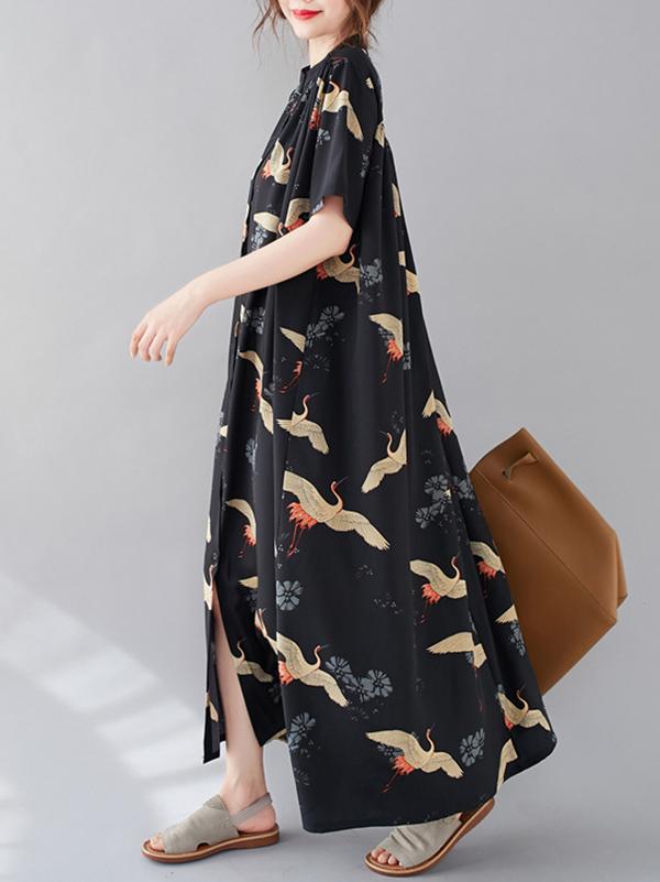 National Style Printed Stand Collar Shirt Dress