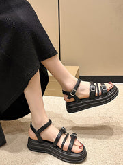 Belt Buckle Lace-Up Round-Toe Split-Joint Platform Shoes Sandals