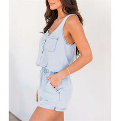 V-Neck Sleeveless Denim Jumpsuit Shorts