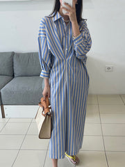 Long Sleeves Loose Buttoned Contrast Color Pockets Striped Lapel Midi Dresses Shirt Dress