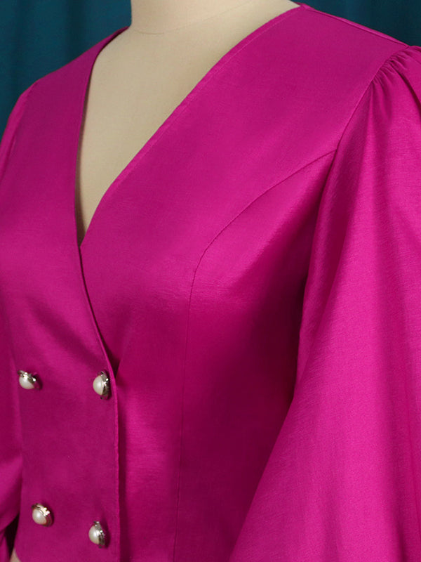 Stylish V-Neck Puff Sleeves Fuchsia Blouse