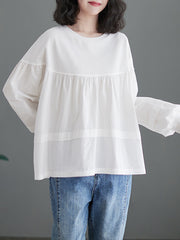 A-Line Long Sleeves Pleated Split-Joint Round-Neck T-Shirts Tops