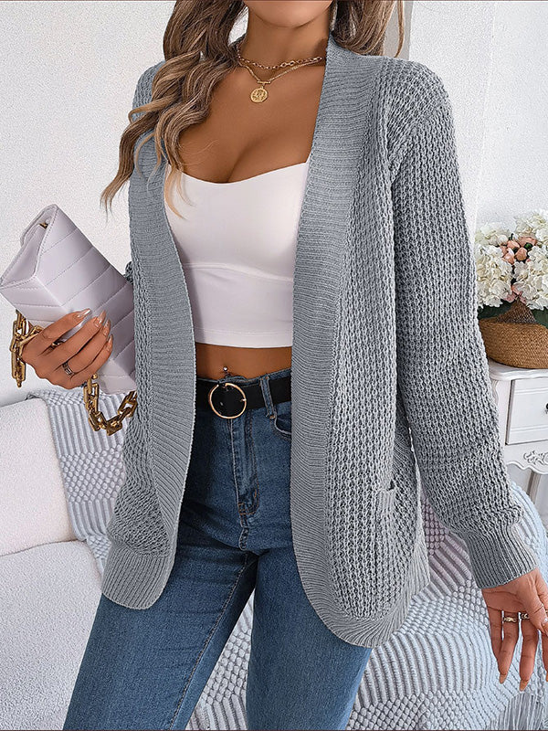 Long Sleeves Loose Pockets Solid Color Collarless Cardigan Tops