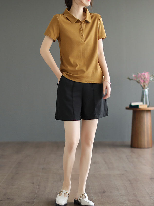 Short Sleeves Buttoned Solid Color Polo T-Shirts Tops