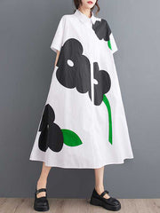 Loose Short Sleeves Buttoned Floral Printed Lapel Collar Midi Dresses