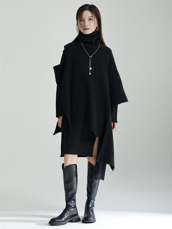 Casual Long Sleeves Loose Solid Color High-Neck Shawl&Sweater Dresses Two Pieces Set