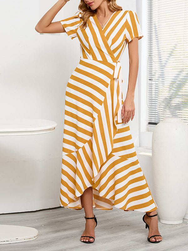 High-Low Loose Split-Joint Striped Tied V-Neck Maxi Dresses