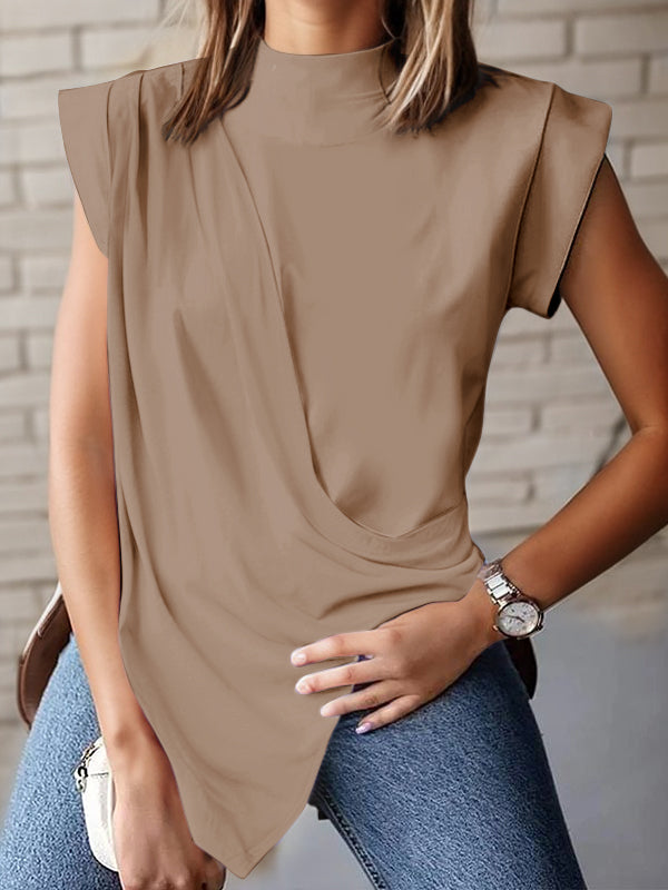 Loose Sleeveless Asymmetric Pleated Solid Color Split-Joint Mock Neck T-Shirts Tops