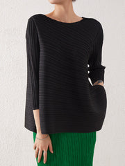 Simple Three-Quarter Sleeves Loose Pleated Solid Color Round-Neck T-Shirts Tops