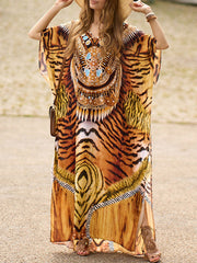 Batwing Sleeves Loose Printed Split-Side Tiger Skin Pattern V-Neck Beach Cover-Up Maxi Dresses