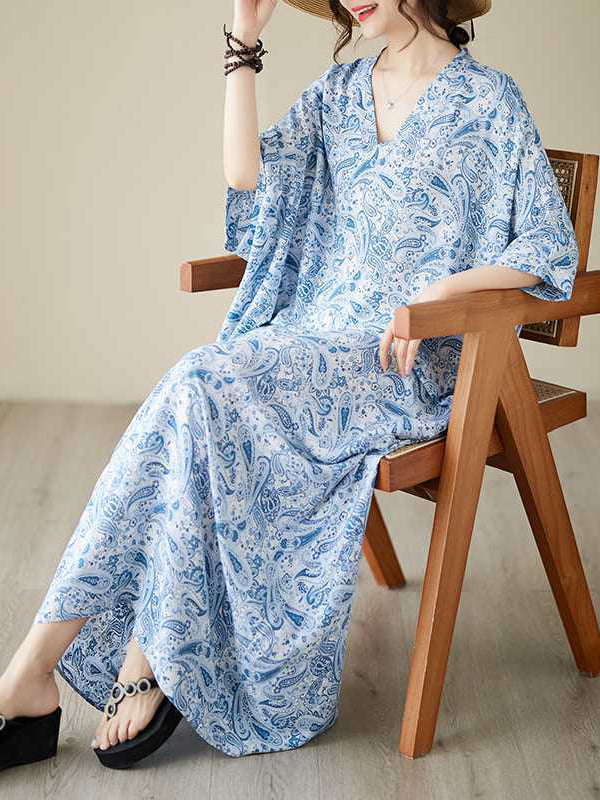 Batwing Sleeves Loose Printed V-Neck Maxi Dresses