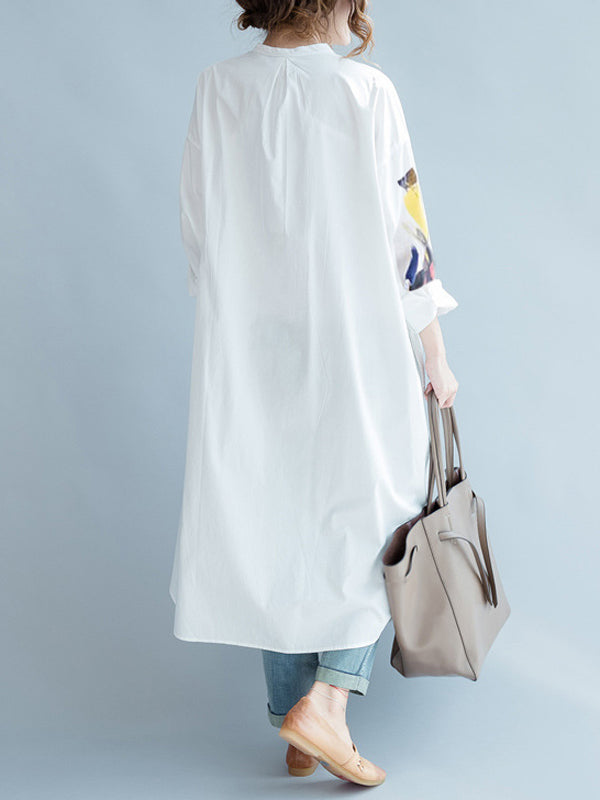 White Asymmetric Printed Split-Side Long Sleeves Shirt Dress