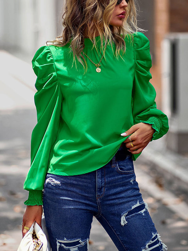 Casual Long Sleeves Puff Sleeves Pleated Solid Color Half Turtleneck Blouses&Shirts Tops