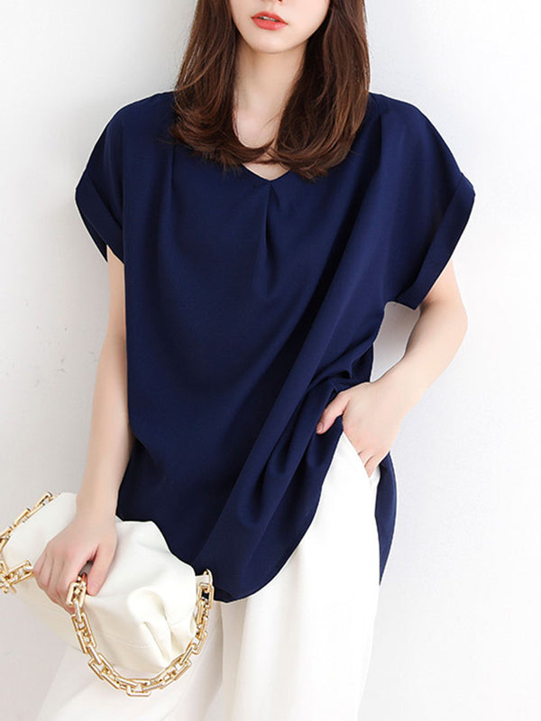 Loose Short Sleeves Back Pleated Solid Color Round-Neck T-Shirts Tops