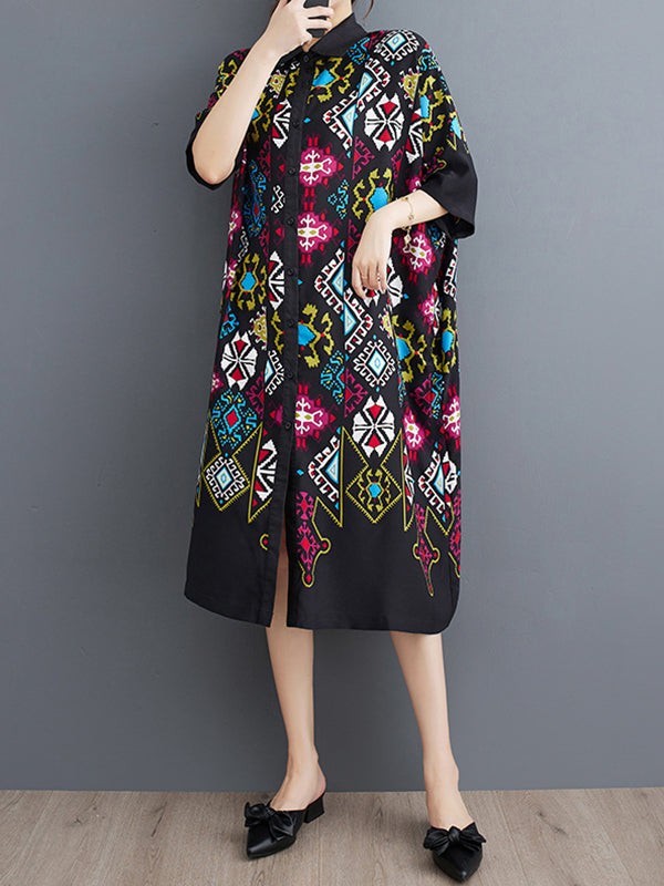 A-Line Loose Buttoned Printed Lapel Midi Dresses