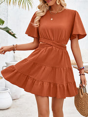 A-Line Flared Sleeves Elasticity Hollow Pleated Solid Color Split-Joint Round-Neck Mini Dresses