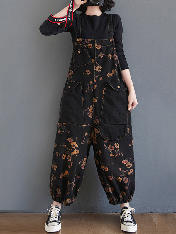 Original Floral With Pocket Harem Denim Overalls