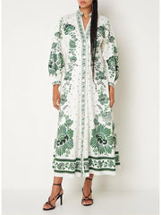 Vintage Floral Print Lantern Long Sleeve Midi Dress