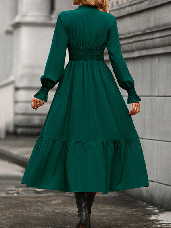 A-Line Flared Sleeves Elasticity Pleated Solid Color V-Neck Midi Dresses