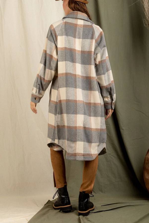 Plaid print drop shoulder overcoat