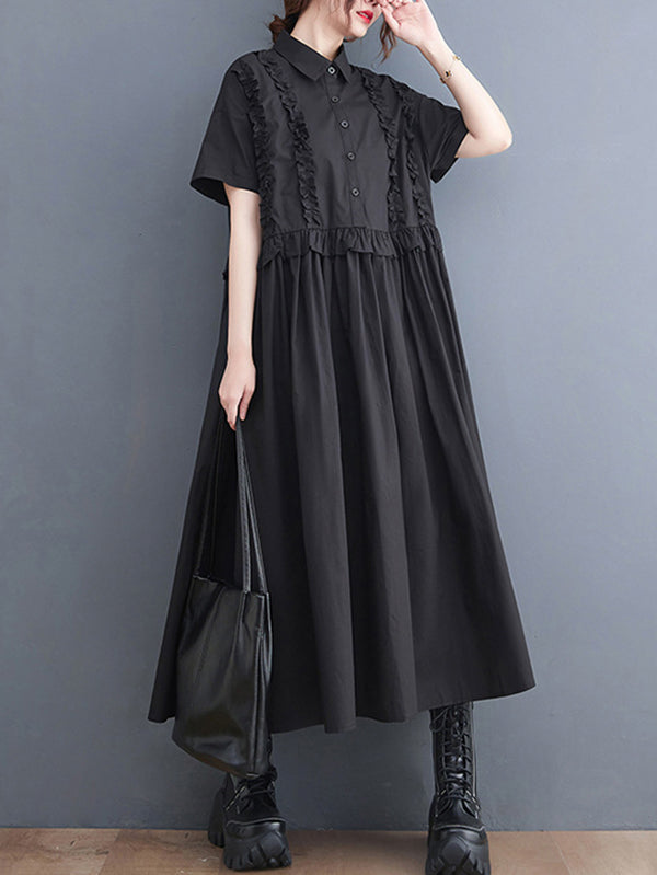 Simple Short Sleeves Loose Buttoned Falbala Split-Joint Solid Color Midi Shirt Dress