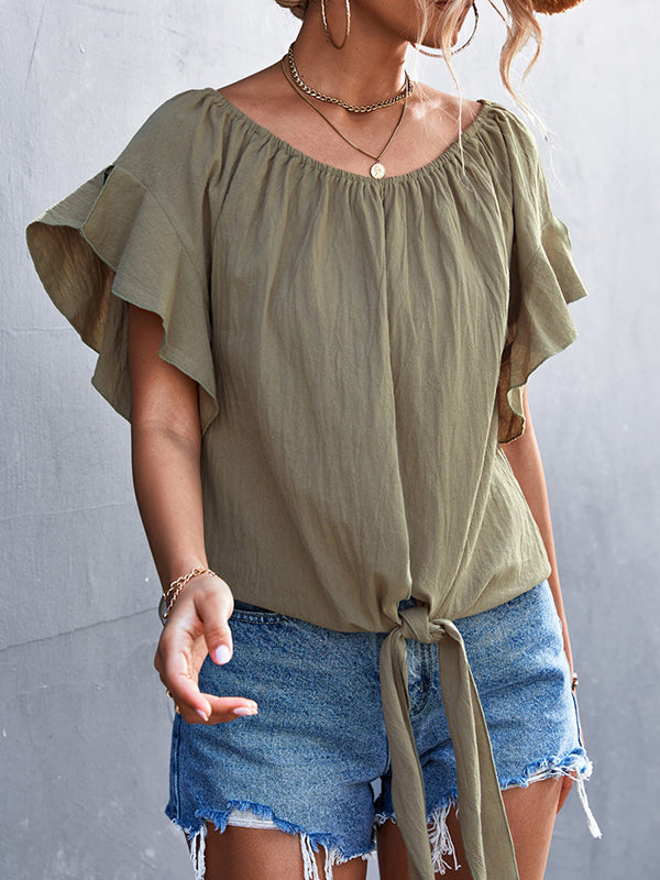 Loose Short Sleeves Elasticity Falbala Pleated Solid Color Tied Round-Neck T-Shirts Tops