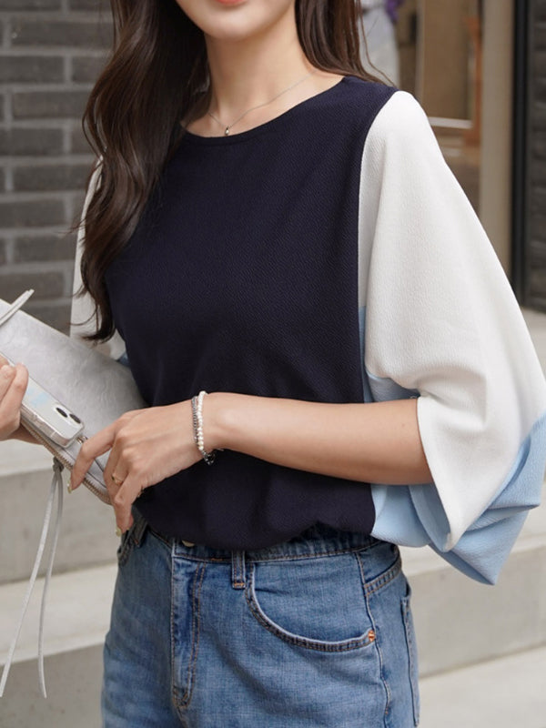 Batwing Sleeves Half Sleeves Contrast Color Round-Neck Blouses&Shirts Tops