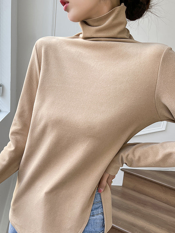 Casual Skinny Long Sleeves Split-Side Solid Color High-Neck T-Shirts Tops