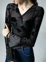 Flared Sleeves Long Sleeves Asymmetric Buttoned Flower Print Mesh See-Through V-neck Blouses&shirts Tops