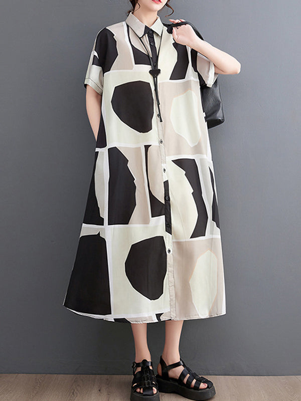 Loose Oversize Color-Block Printed Lapel Midi Dresses Shirt Dress