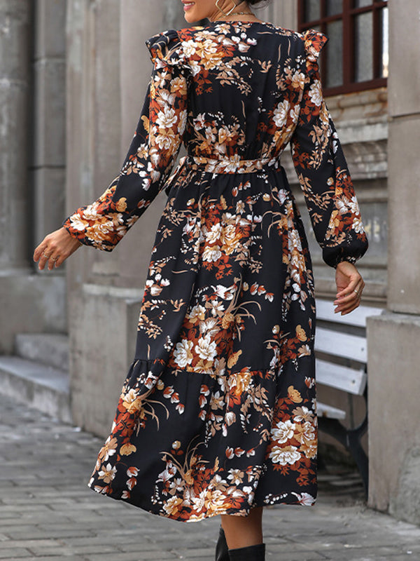 Loose Puff Sleeves Flower Print Pleated Split-Joint Tied Waist V-Neck Midi Dresses Shirt Dress