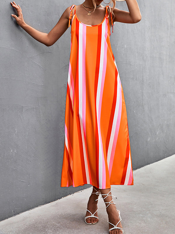 Loose Sleeveless Contrast Color Striped Tied U-Neck Midi Dresses Slip Dress