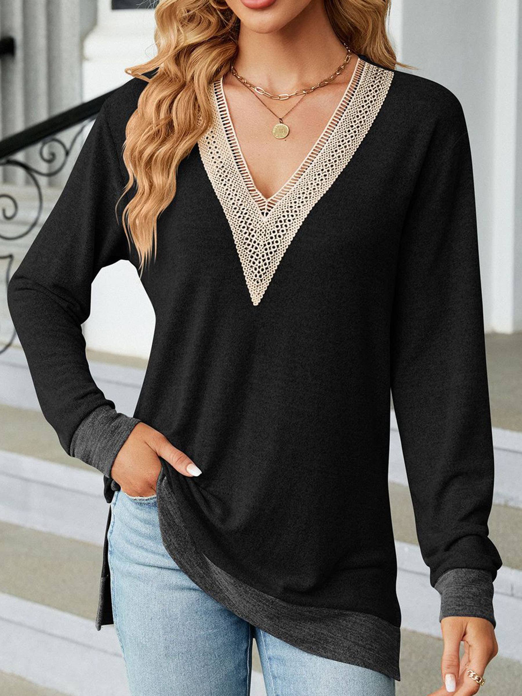 Womens Lace V-neck Contrast Split Loose Sleeve Top