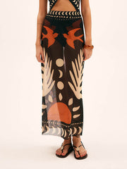 Unique Bird Print Mesh Cover Up Maxi Skirt