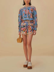 Beautiful Floral Print Long Sleeve Shirt And Elastic Waistband Pocket Shorts Set