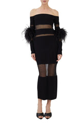 Long Sleeve Off-Shoulder Feather Midi Dress