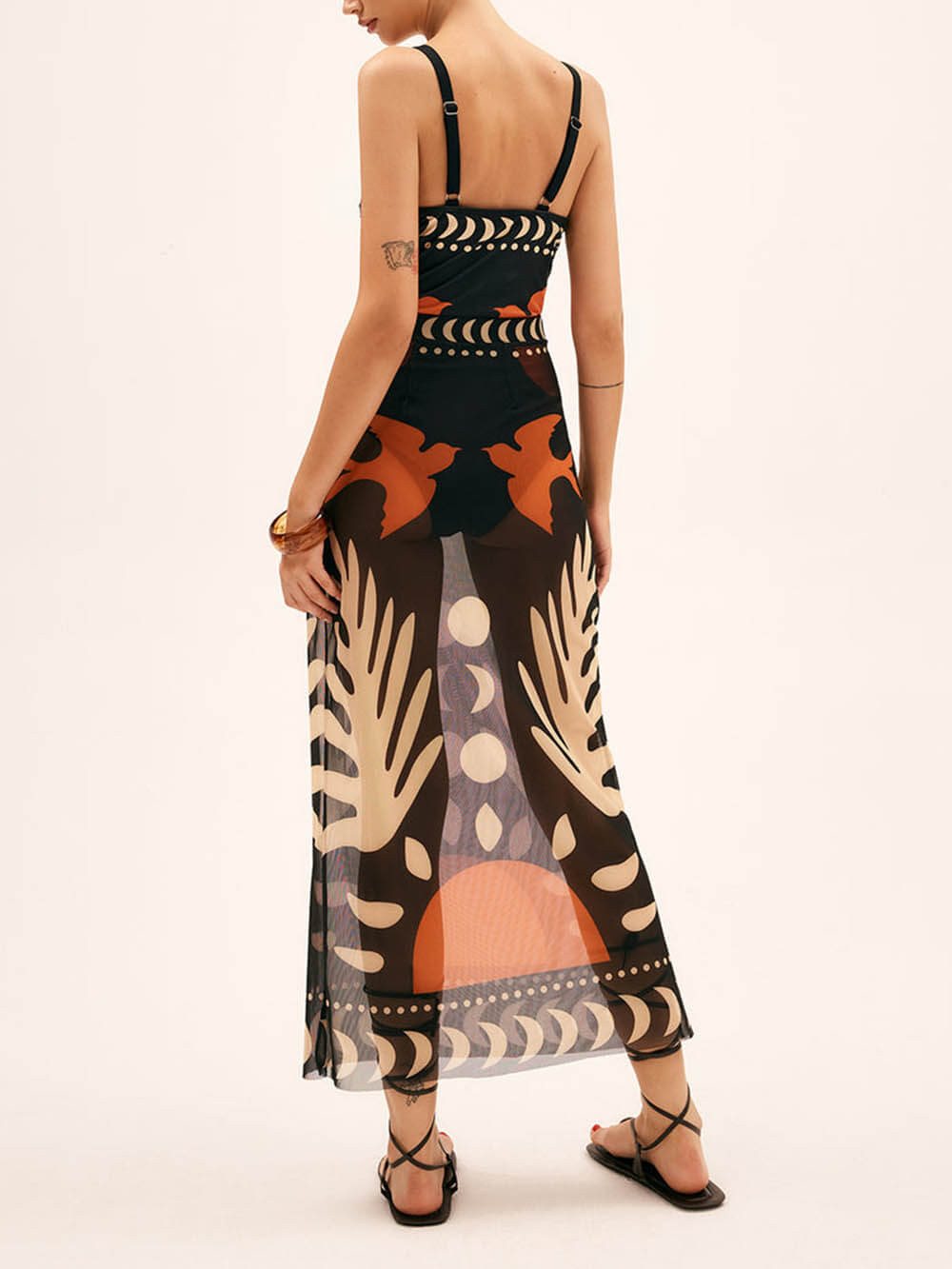 Unique Bird Print Mesh Cover Up Maxi Skirt