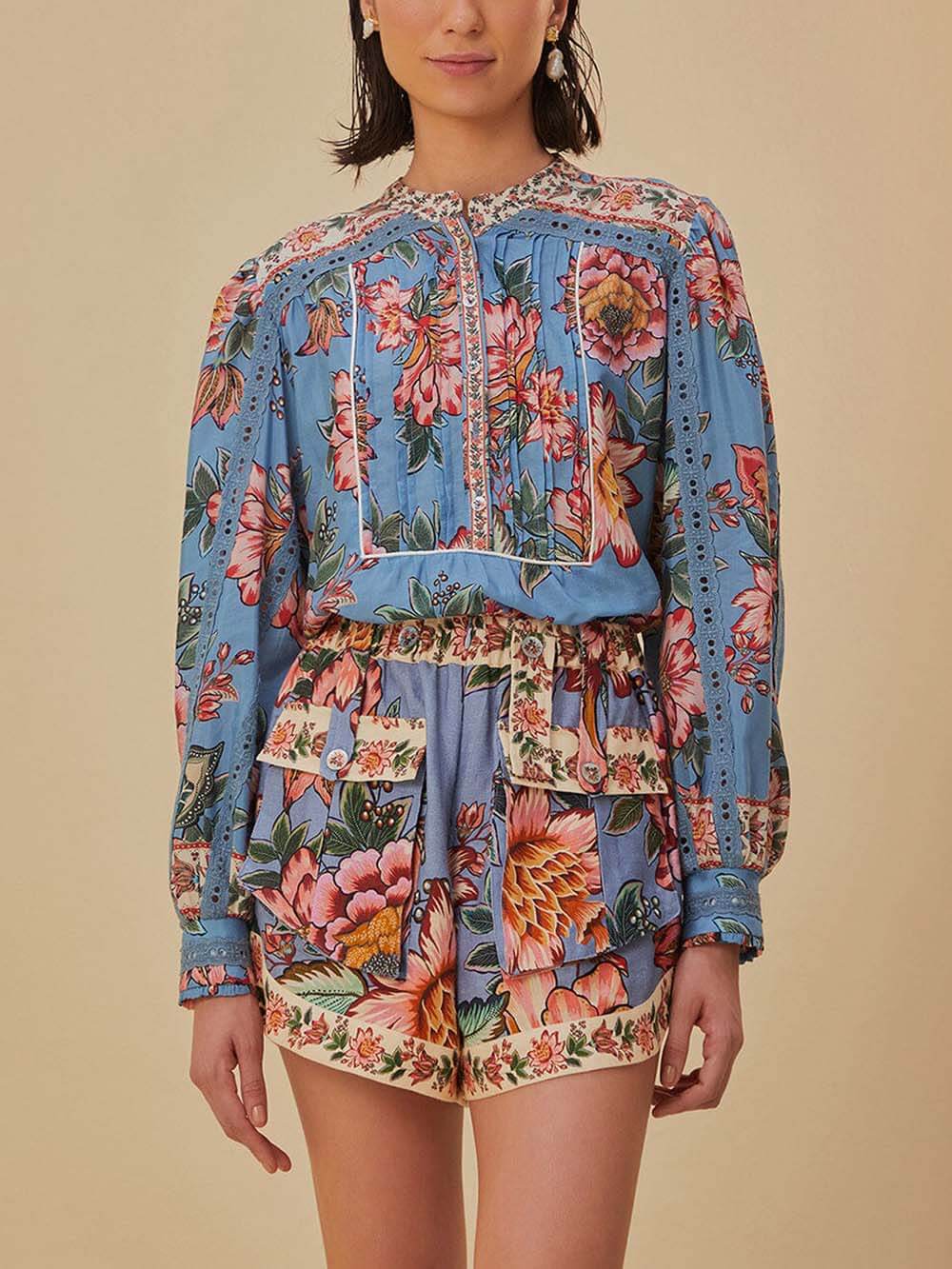 Beautiful Floral Print Long Sleeve Shirt And Elastic Waistband Pocket Shorts Set