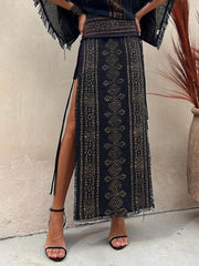 Ethnic Print Tassel Trim Wide Sleeve Loose Top And Skirt Set