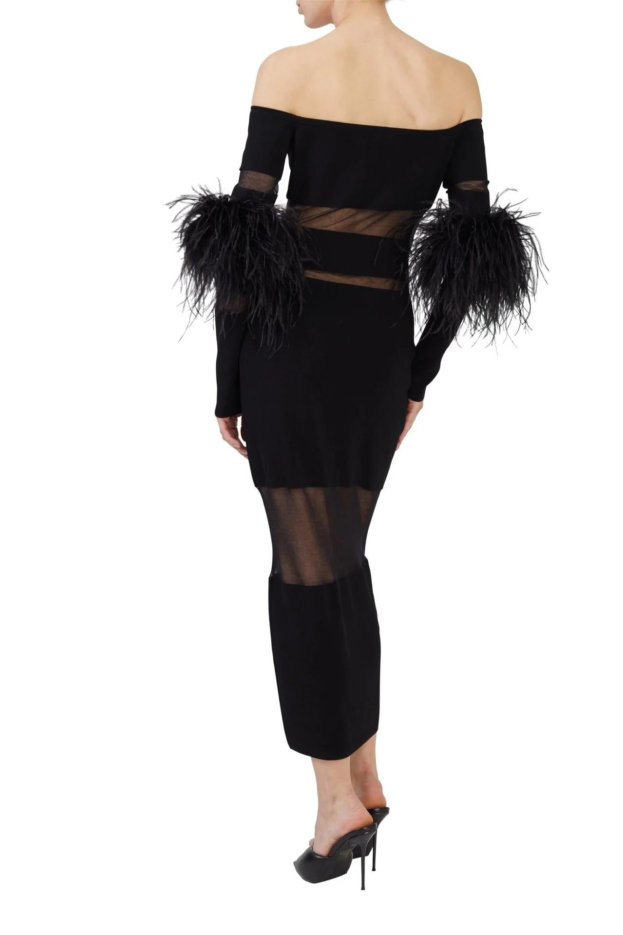 Long Sleeve Off-Shoulder Feather Midi Dress