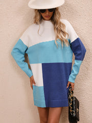 Cindy Color Block Mini Sweater Dress - Turquoise