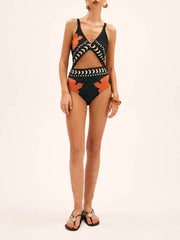 Unique Bird Print Cutout One Piece Swimsuit