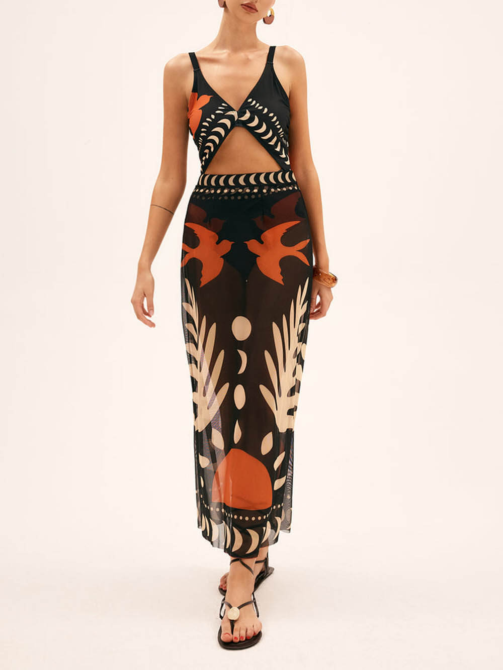 Unique Bird Print Mesh Cover Up Maxi Skirt