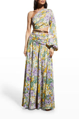 Floral One-Shoulder Slit Asymmetric Maxi Dress Purple