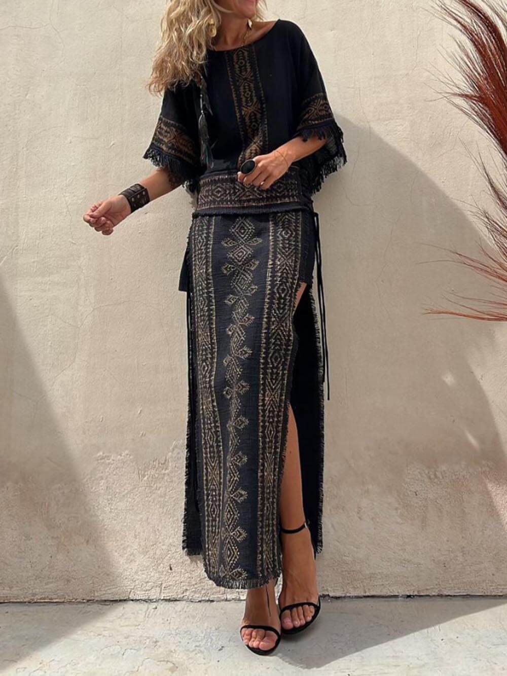 Ethnic Print Tassel Trim Wide Sleeve Loose Top And Skirt Set