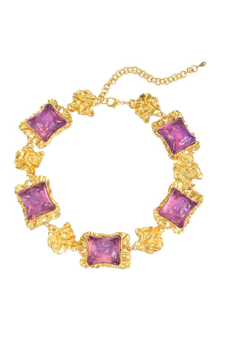 Square Dimentional Purple Acrylic in Gold Tone Earrings & Necklace