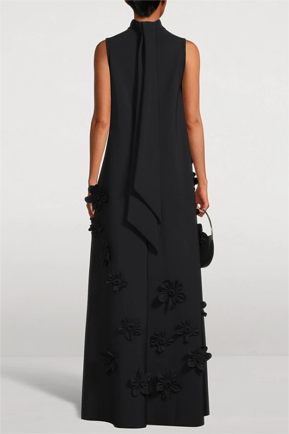 3D Floral High Neck Sleeveless Maxi Dress Black