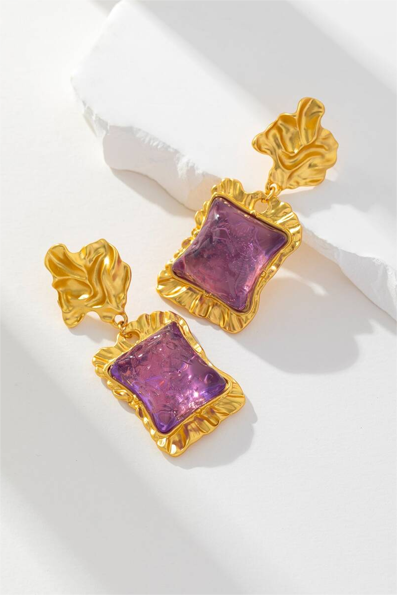 Square Dimentional Purple Acrylic in Gold Tone Earrings & Necklace